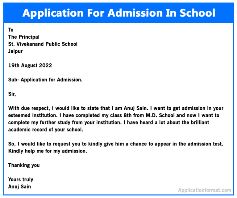 sample application letter for school admission for child from parents