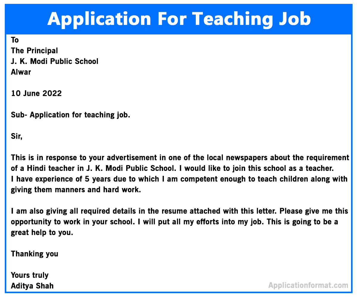 application letter for post of primary teacher