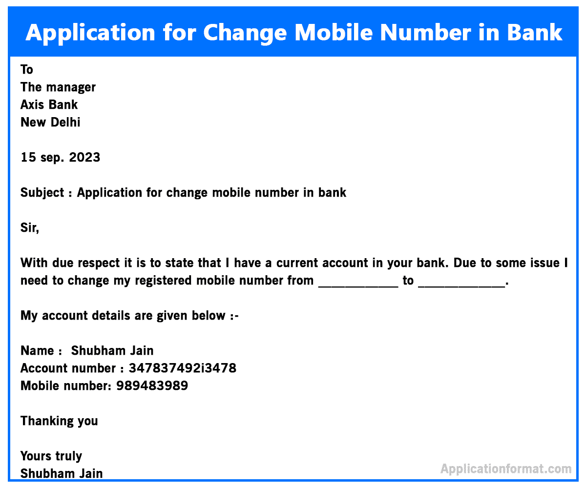 bank application letter for mobile number change